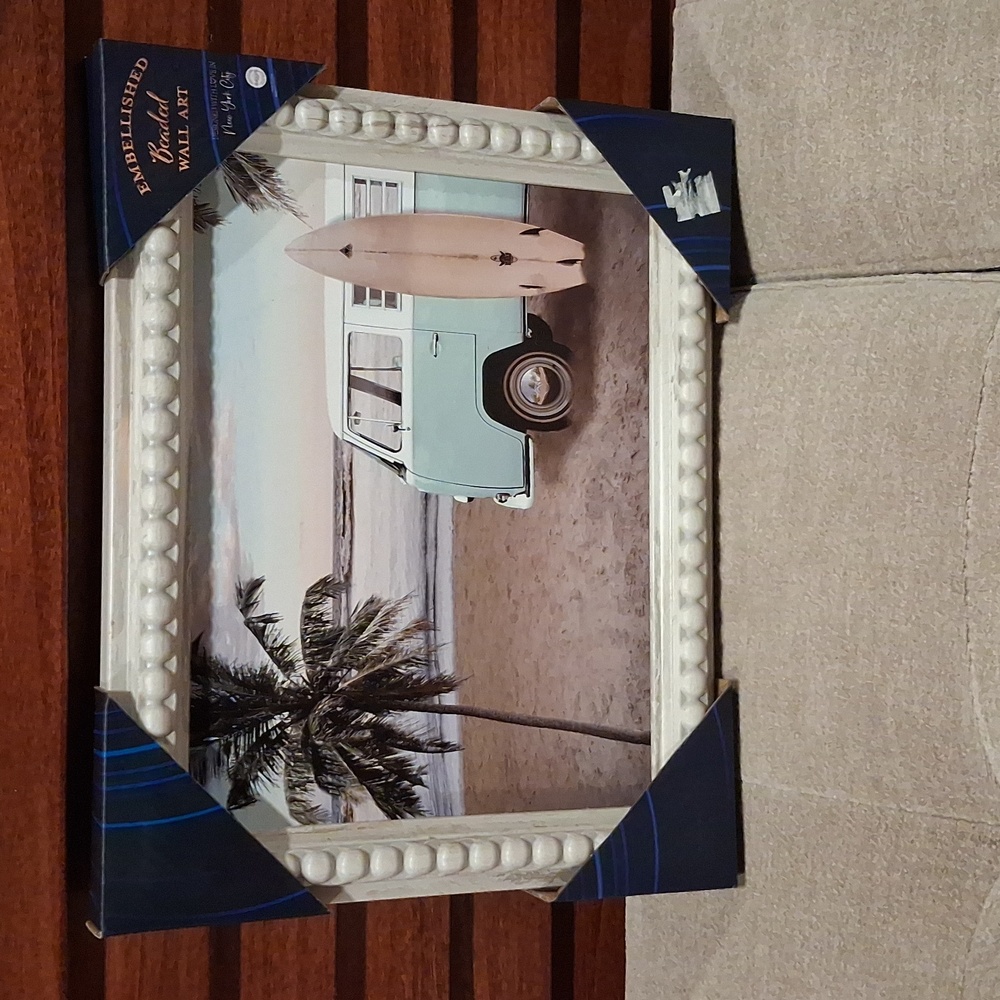 Embellished Beach Van Wall Art - Cream Frame, Mint Van
